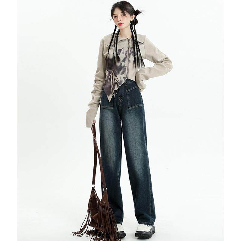 UYH高腰阔腿牛仔裤女慵懒别致文艺风层次口袋直筒修身显腿长裤子