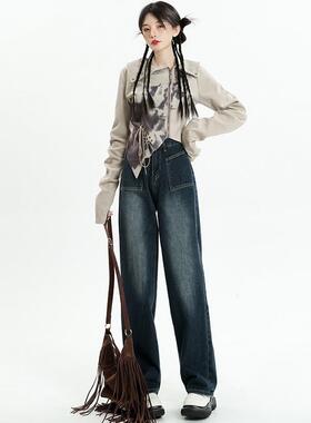 UYH高腰阔腿牛仔裤女慵懒别致文艺风层次口袋直筒修身显腿长裤子