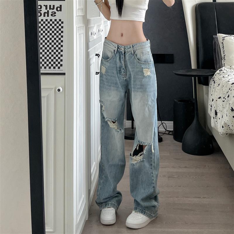 9002up美式复古宽松直筒破洞牛仔裤潮牌夏季垂坠感嘻哈hiphop裤子
