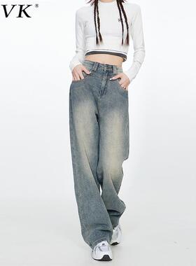 vfvk星空纹浅色直筒牛仔裤女秋冬新款美式宽松显瘦阔腿小个子裤子