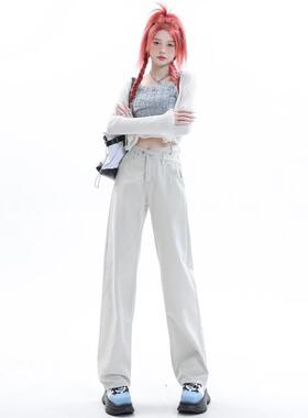 UYH高腰直筒牛仔裤女2023开春新款不规则宽松显瘦设计感腰边裤子