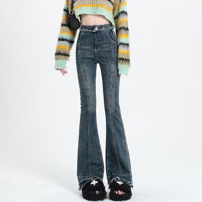 MJB 2025春季新款高腰显瘦辣妹风牛仔裤复古毛边设计感修身微喇裤
