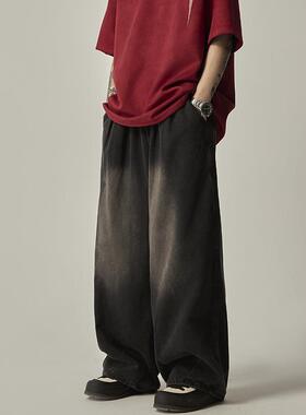 ISIETS 潮牌ins高街复古水洗做旧阔腿牛仔裤男宽松直筒休闲长裤子