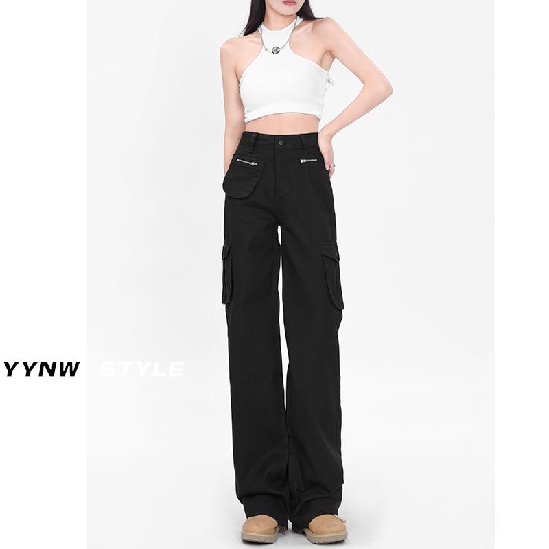 美式黑色工装裤牛仔女2025春季设计感小众直筒阔腿裤子潮ins高街