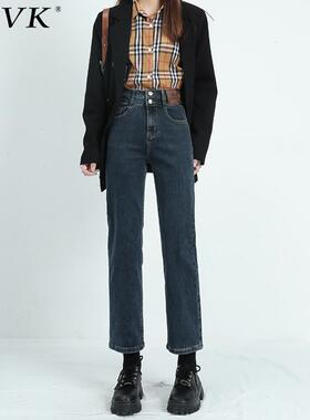 vfvk高腰直筒牛仔裤女复古2024新款秋冬小个子九分加绒裤子烟管裤