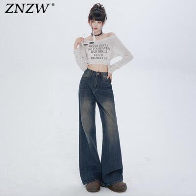 ZNZW窄版直筒牛仔裤女秋冬高腰宽松显瘦拖地裤美式复古阔腿喇叭裤