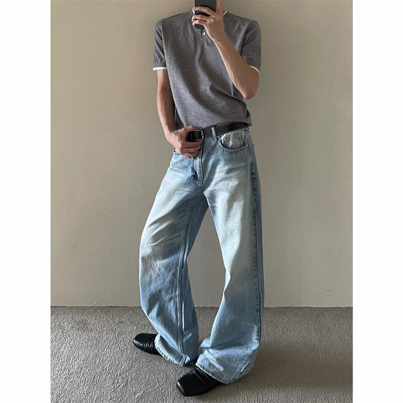 MaxDstr 美式cleanfit重磅猫须纹直筒牛仔裤男女拖地微喇叭长裤子