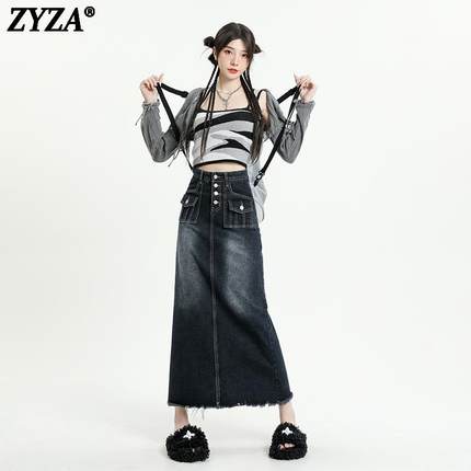 ZYZA复古牛仔半身长裙女新款英伦风做旧水洗毛边高腰A字显瘦时尚