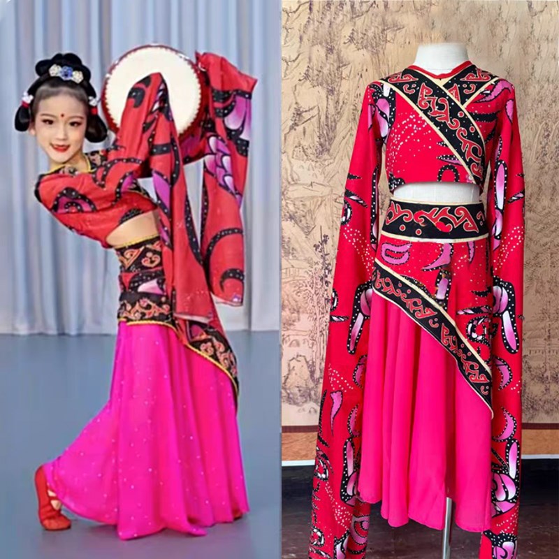 极速儿童汉唐楚优演出舞蹈服红色水袖古典汉风丽影V踏鼓声声民族