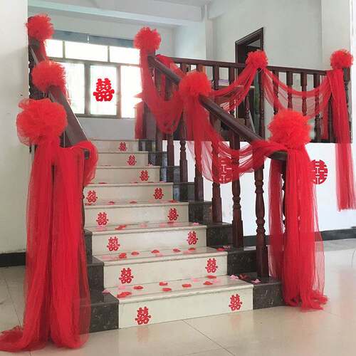 极速过年新婚楼梯拉n花彩带气球结婚引路不锈钢扶手装饰粉色纱幔