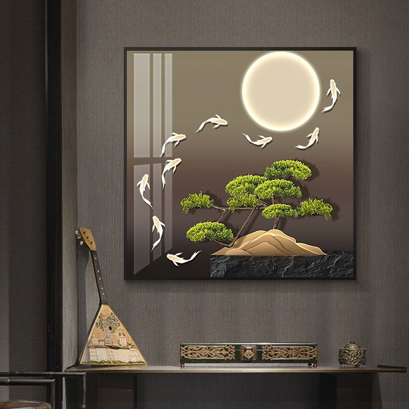 极速迎客松福鹿客九鱼客厅挂画入户玄关山L水装饰画餐厅卧室过道