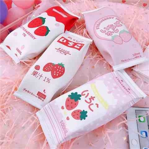 极速ins粉色少女心草莓牛奶笔笔袋