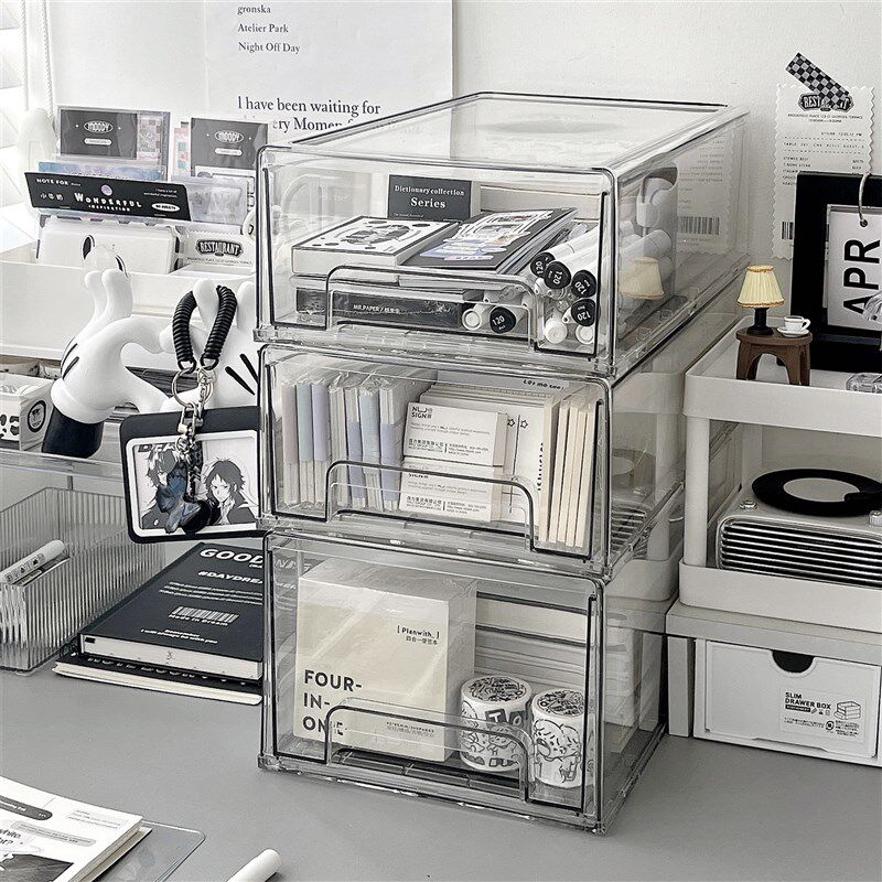 速发桌面文具办纳盒亚克力收纳箱透明防尘抽屉式书桌收公杂室物整