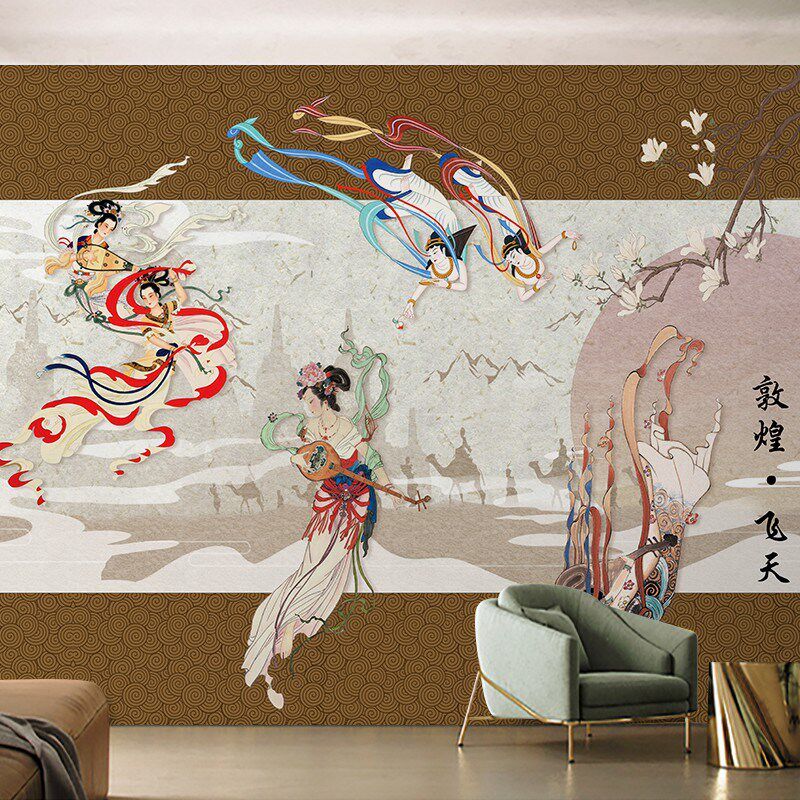速发敦煌飞天仙图祥云古典墙纸酒店大堂客房壁画足浴采耳店墙布