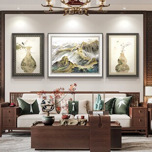速发里沙靠山图中式客厅装饰画瓶安喜乐画发背景壁挂画三联墙画