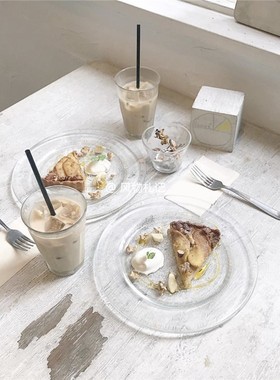 速发韩风c盘纯色咖明玻璃h子碟子甜品果盘透啡店摆拍道具 odo