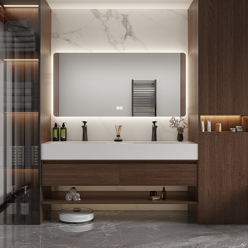 中古风胡桃木色酒店风岩板无缝盆岩板热弯盆卫生间浴室柜组