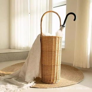 柳藤编制雨伞收纳桶家用塑胶底座承重稳固脏衣篓手提收纳篮置物架