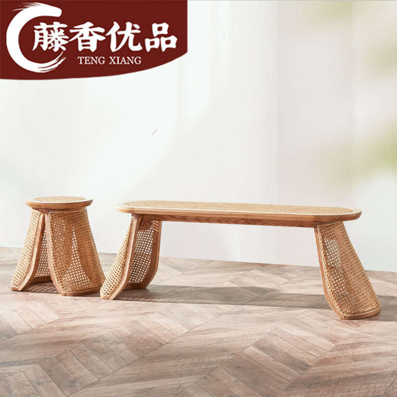 日式天然真藤编矮桌小户型客厅家用圆形实木极简高级感茶几小桌子