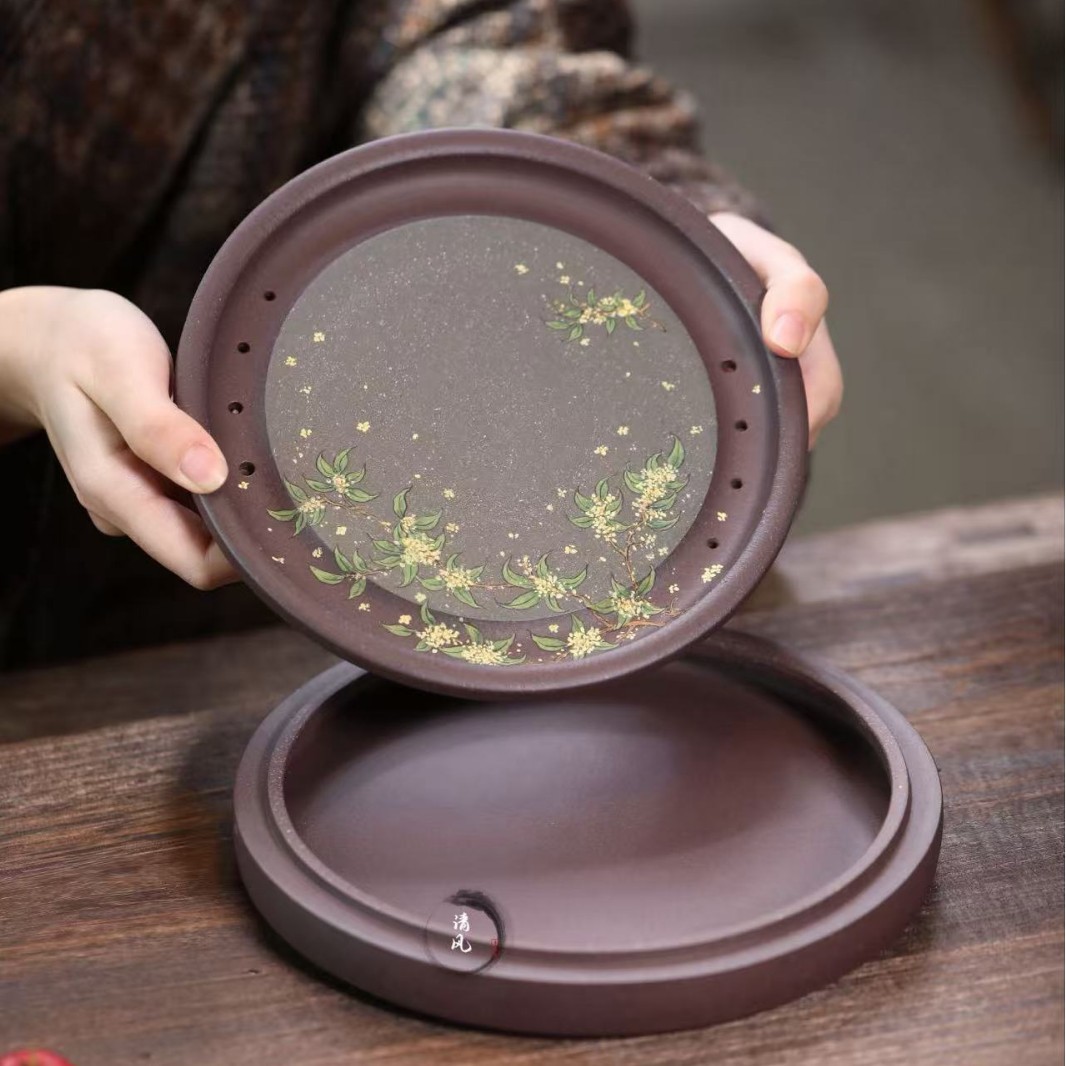 宜兴紫砂【金桂花壶承干泡台】茶盘托盘纯手工双层储水式圆形壶承