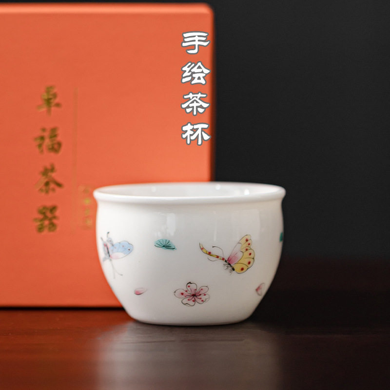 玩物尚置手绘羊脂玉茶杯陶瓷品茗杯家用喝茶杯个人专用主人杯单杯