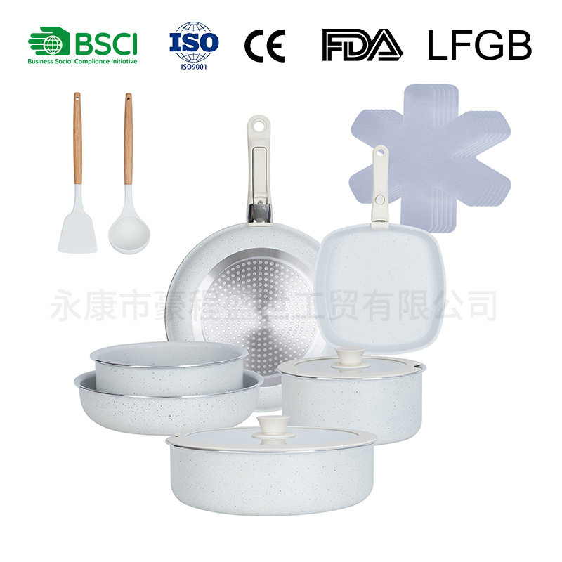 亚马逊奶白色木柄厨具套装不粘锅厨房锅具套装汤锅煎炒烹饪工具