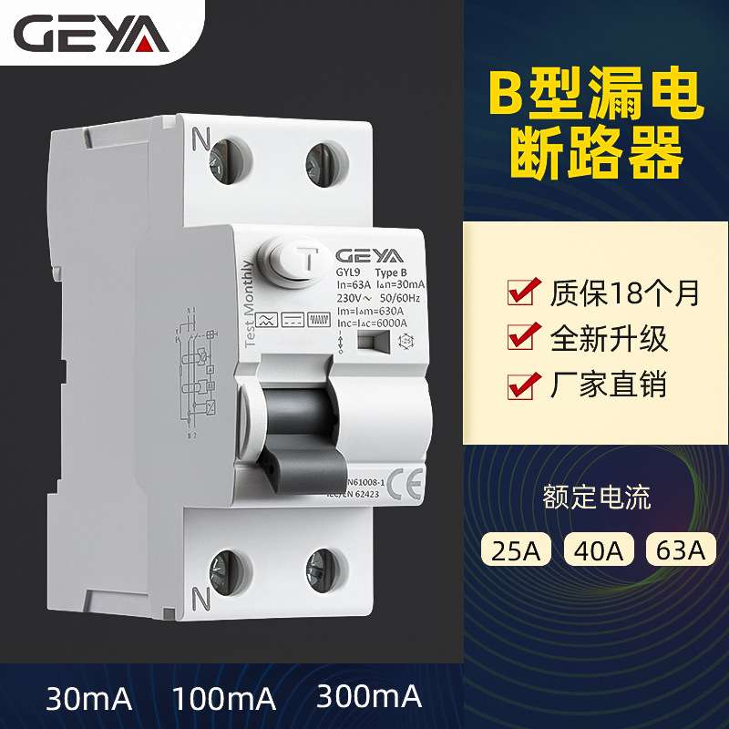 GEYA格亚GYL9-B型漏电保护器2P/4P 40A 63A 30mA/100mA/300mA