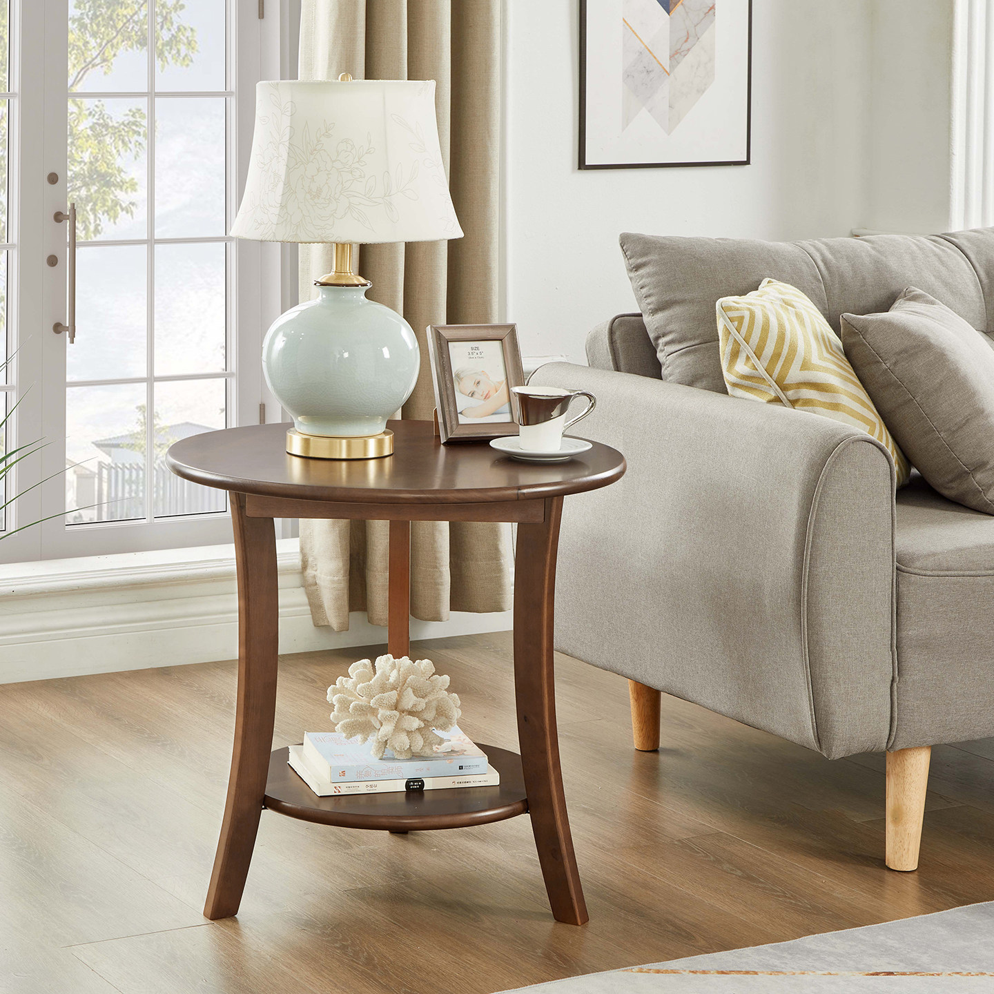 美式小圆桌简约小茶几阳台小边桌角几北欧圆形边几全实木沙发边J*