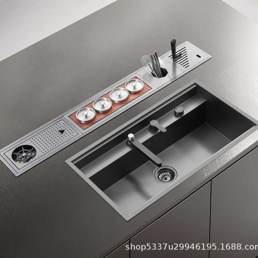 304不锈钢手工水槽诺帝玛NM845/NA1650纳米PVD黑带隐形盖板配升降