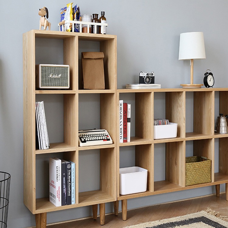 日式实木书架置物架 书房简约落地收纳书柜 白蜡木多层靠墙格子架