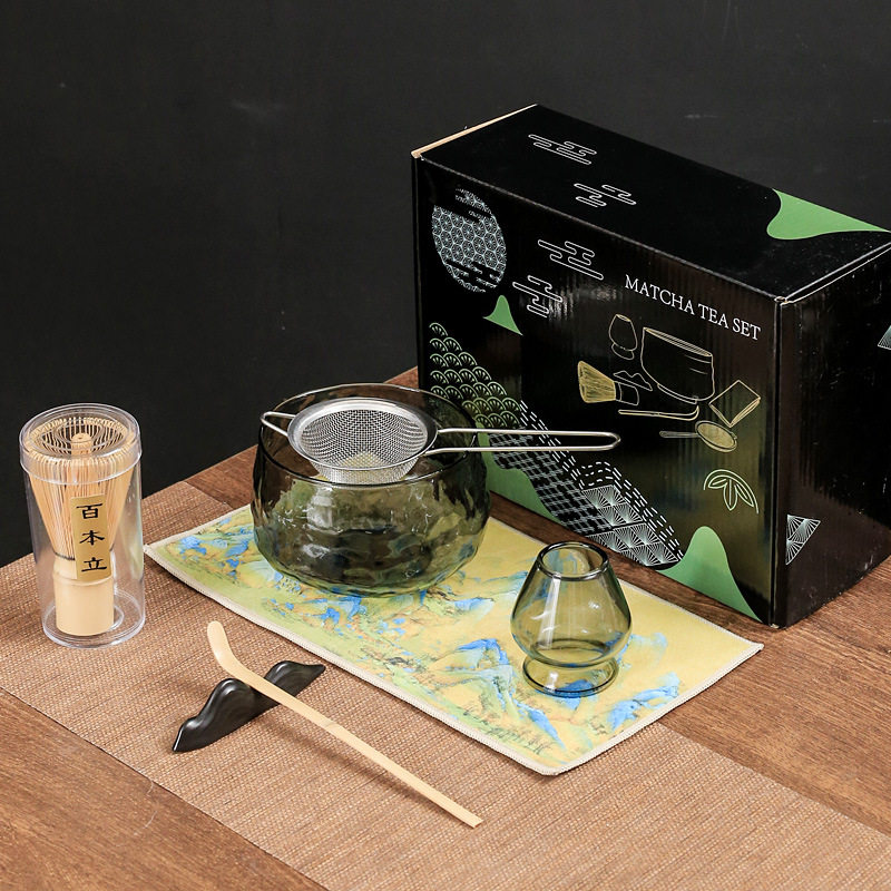 日式玻璃抹茶茶具套装搭配彩盒茶筅抹茶碗茶筅立百本立茶拨7件套