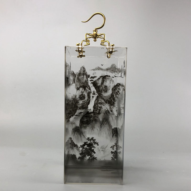 树脂亚克力内埋山水画工艺品 透明水晶胶内嵌竹子精美展示礼品