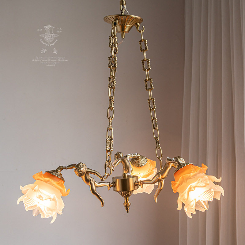 天使法式田园复古全铜卧室吊灯意大利中古风北欧美式餐厅客厅灯具
