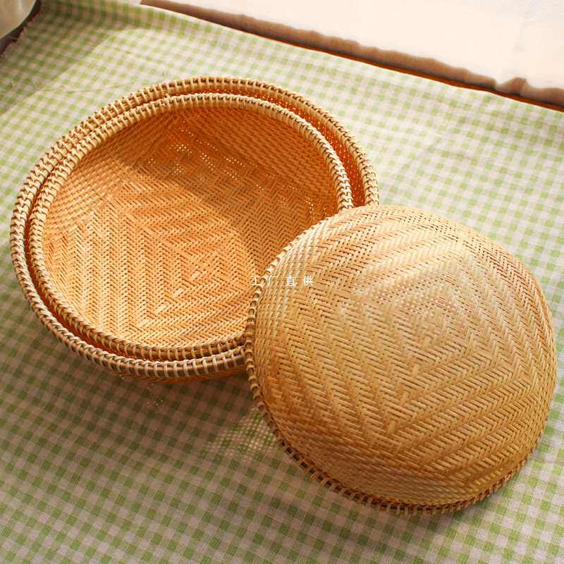 竹编收纳筐手工簸箕圆形筲箕竹筛子竹篮竹制品家用有孔水果篮洗菜