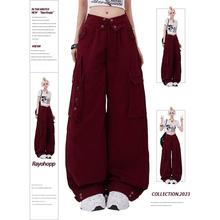 Rayohopp新年红色工装裤女春季潮牌多口袋翻边设计宽松休闲阔腿裤