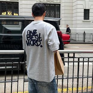OXFREAK 卡通字母刺绣灰色双面针织短袖T恤男夏季美式五分袖
