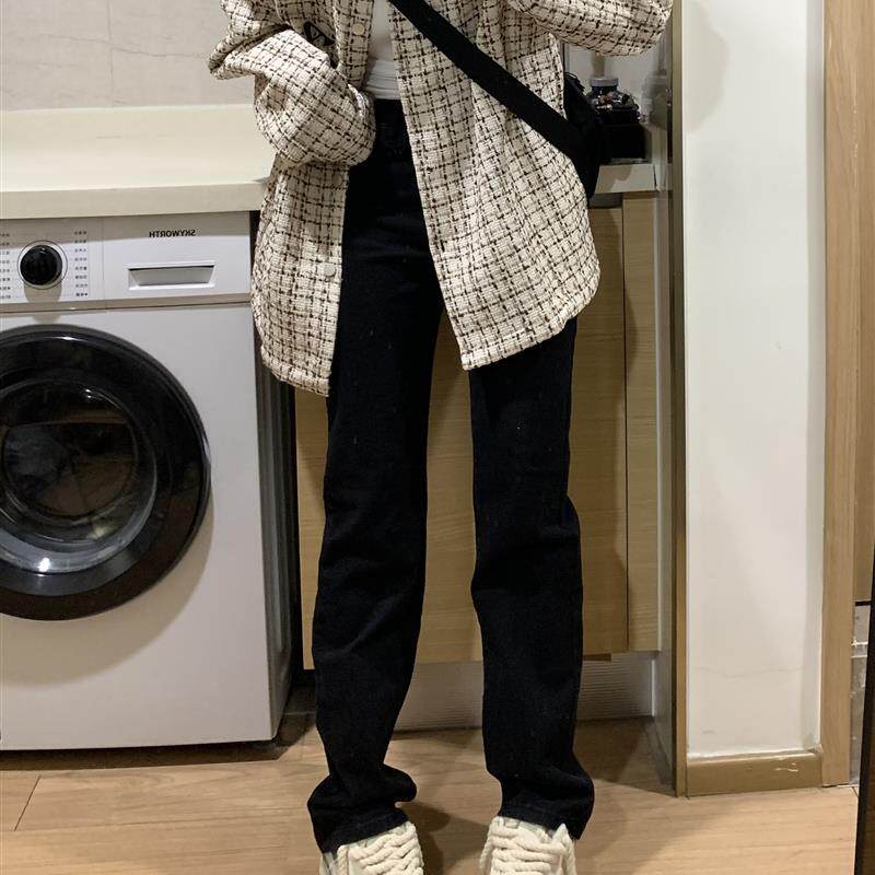 银莲YINLIAN 基础款黑色直筒牛仔裤女韩版高腰弹力修身显瘦裤男女