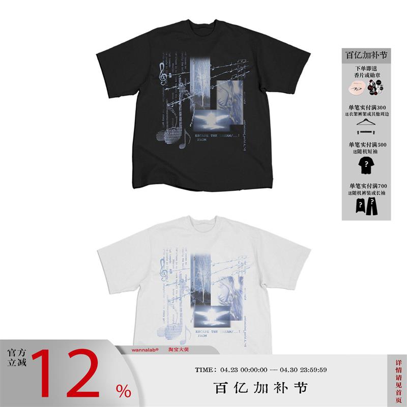WANNA LAB 梦核音符天使元素 印花正肩短袖T恤无性别修身透气凉感