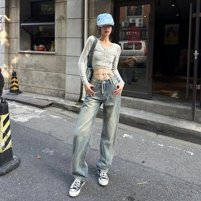 Tristine2023秋季美式复古刺绣百搭显瘦窄版直筒牛仔裤女拖地裤子