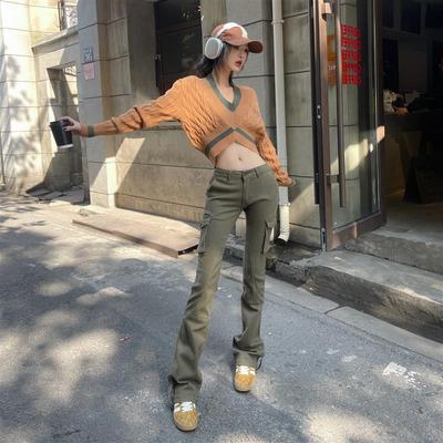 Tristine2022秋季新款牛仔裤女低腰弹力喇叭裤美式辣妹高街工装裤