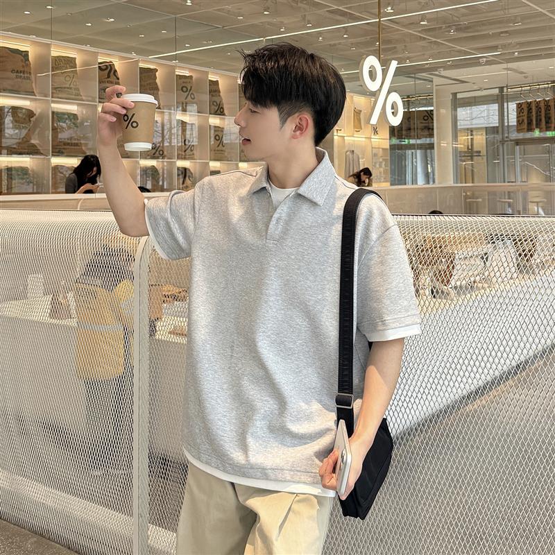 【简约叠穿】250g假两件Polo领灰色短袖T恤夏季男款宽松休闲半袖