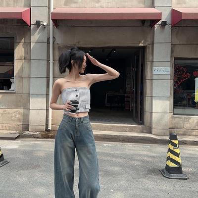 Tristine2023春夏新款星空纹怀旧蓝阔腿裤拼接垂感直筒拖地牛仔裤