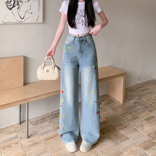 美式蓝色花卉刺绣直筒牛仔裤裤子女款2026夏季新款小众高腰阔腿裤