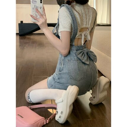 甜辣妹蝴蝶结牛仔背带连衣裙女夏季高级设计感小众破洞包臀短裙子