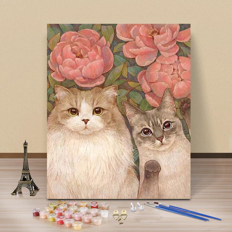 diy数字油画填充简单涂色画油彩画卡通可爱猫咪客厅卧室装饰礼物图片