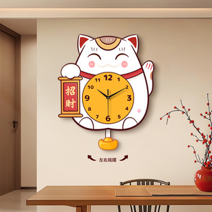 饰画静音挂表石英钟 卡通招财猫钟表挂钟客厅家用钟创意时钟挂墙装
