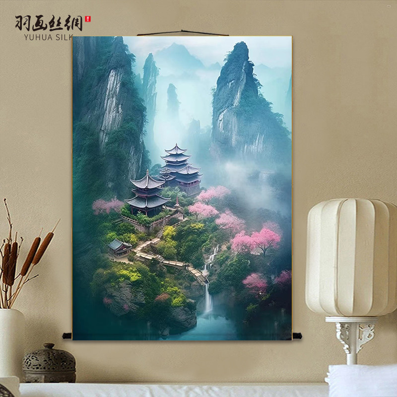 新品仙家堂口客厅山水画仙堂背景东北堂屋L风水画风景画供奉丝绸