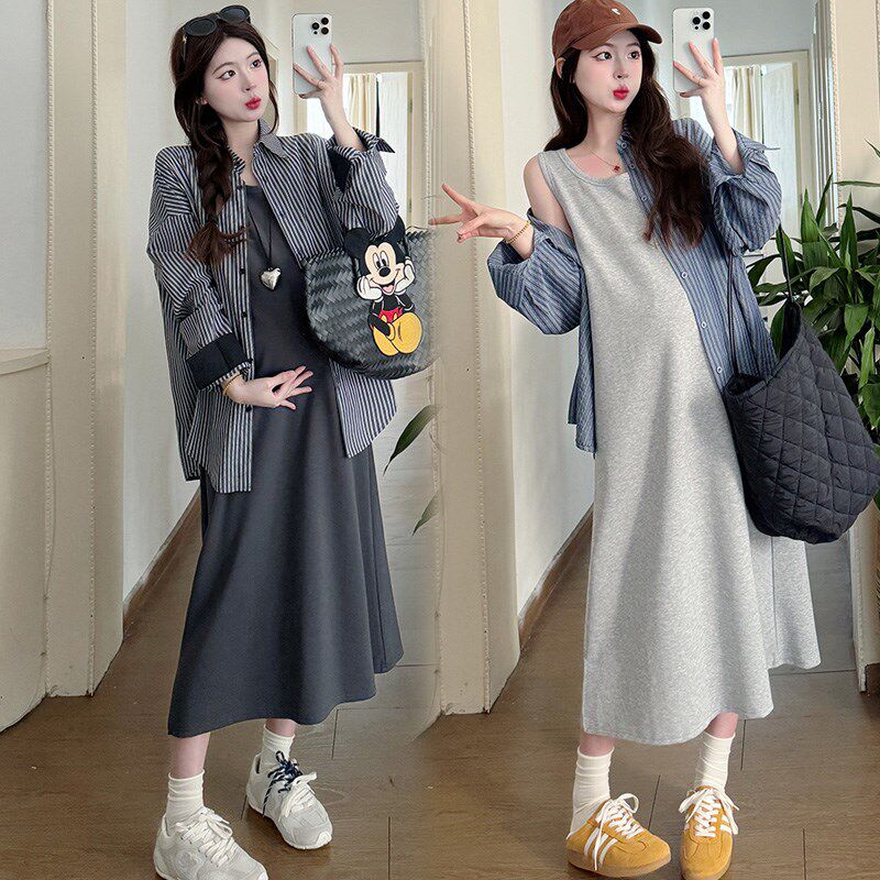 新品孕妇春装连衣裙套装洋气减龄孕妇装过膝背心S裙上衣气质春秋