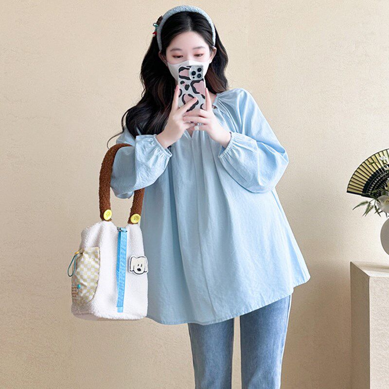 新品孕妇春装上衣女2025新款长袖娃娃衫中长款衬T衫短袖两件套装