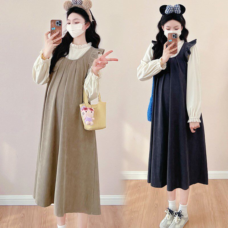 新品孕妇春装f连衣裙两件套时尚法式设计感减龄背带裙春秋套装洋